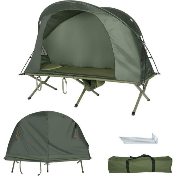 Costway - Tente Camping Surélevée pour 1 Personnes Matelas Auto-gonflant Sac Transport à Roulettes Double Toit Crochet de Lampe Vert NP10151GNFR 794094563069